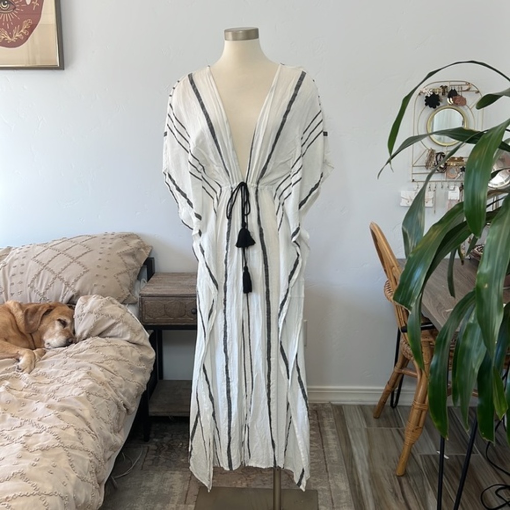 Beach coverup, kimono style drawstring waist, short sleeve maxi length